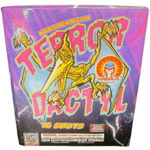 Purple fireworks box labeled 'TERROR DACTYL' by Magnus, featuring a yellow skeletal pterosaur illustration; notes include 16 shots and 200 grams.